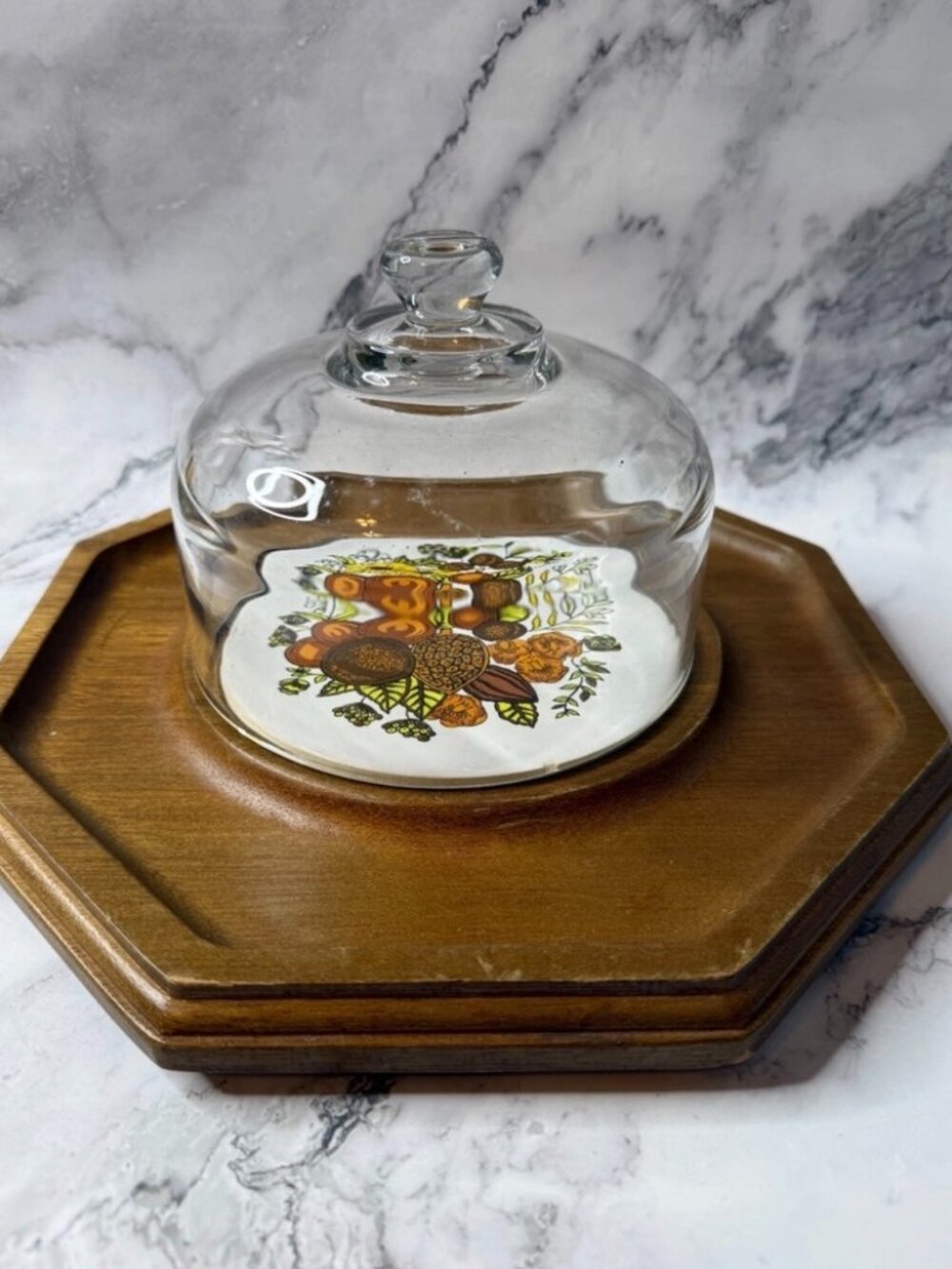 Vintage Yellow Floral Pattern Wood and Ceramic Cheeseboard and Glass Cloche